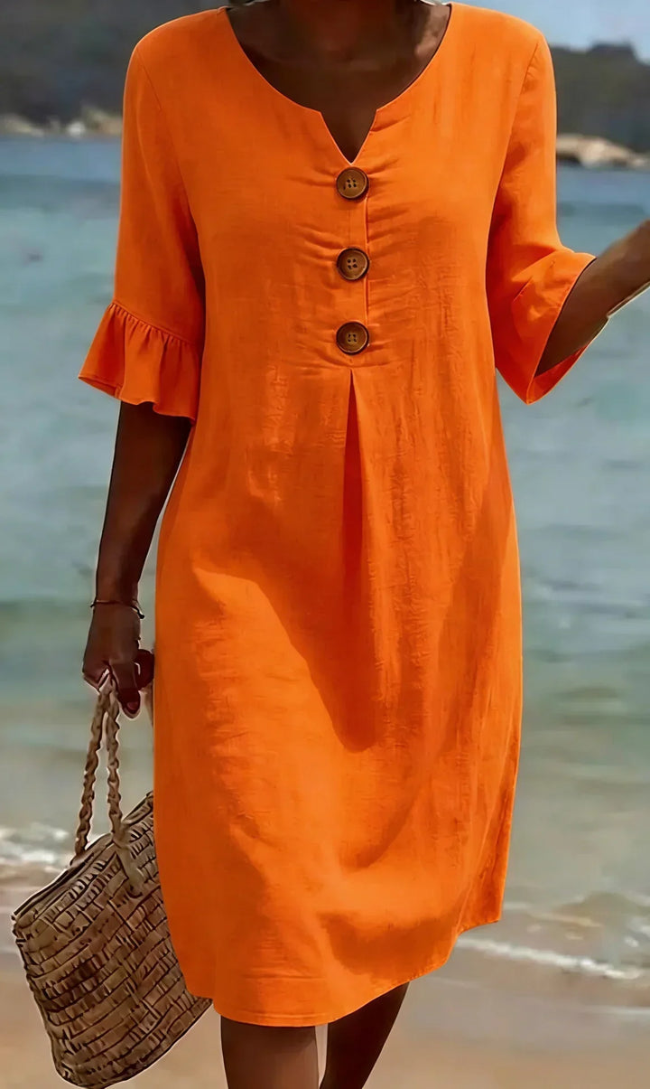 Vanesa™ | Robe en Lin Texturé Avec Manches Bouffantes et Boutons