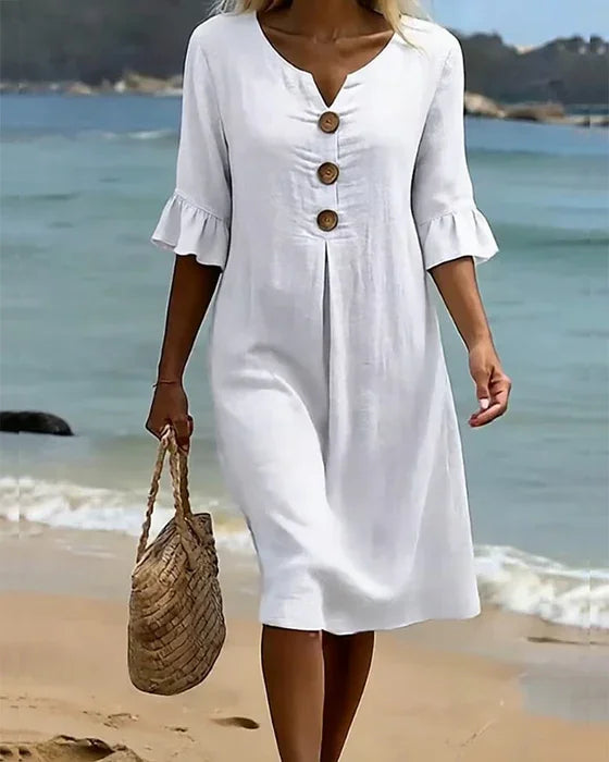 Vanesa™ | Robe en Lin Texturé Avec Manches Bouffantes et Boutons