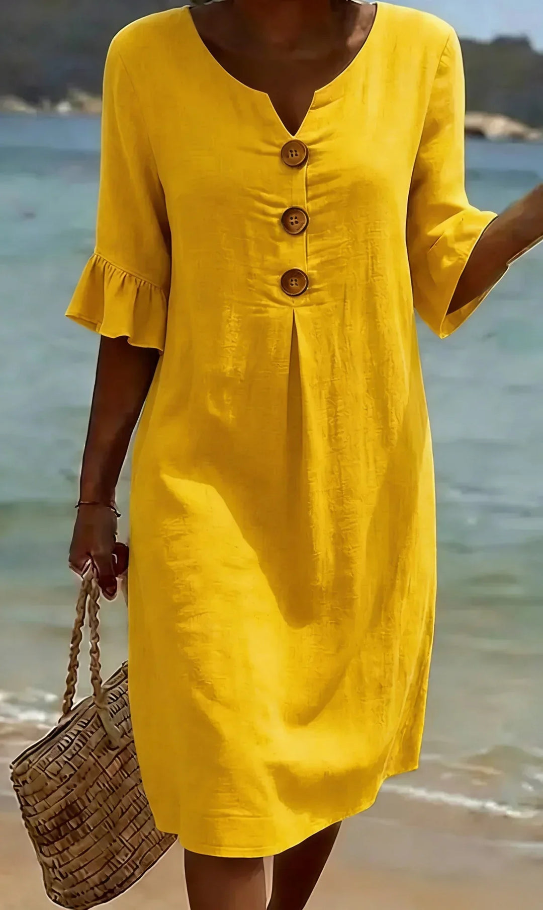 Vanesa™ | Robe en Lin Texturé Avec Manches Bouffantes et Boutons