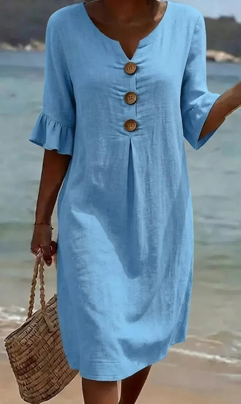 Vanesa™ | Robe en Lin Texturé Avec Manches Bouffantes et Boutons