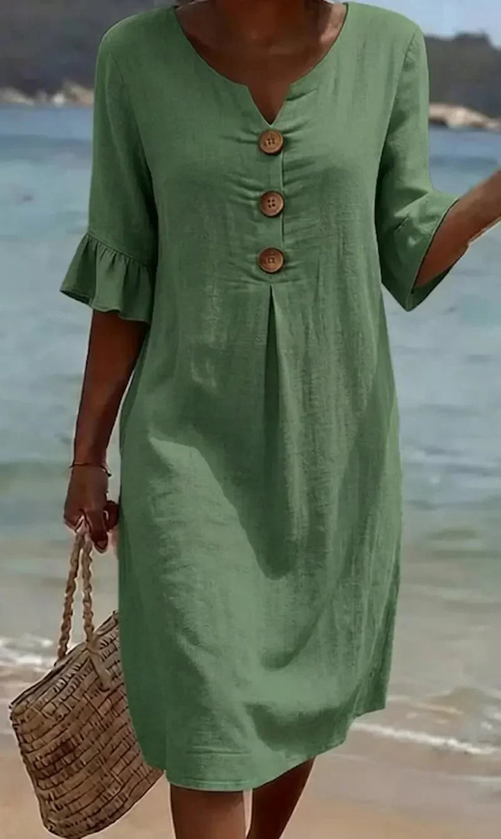 Vanesa™ | Robe en Lin Texturé Avec Manches Bouffantes et Boutons
