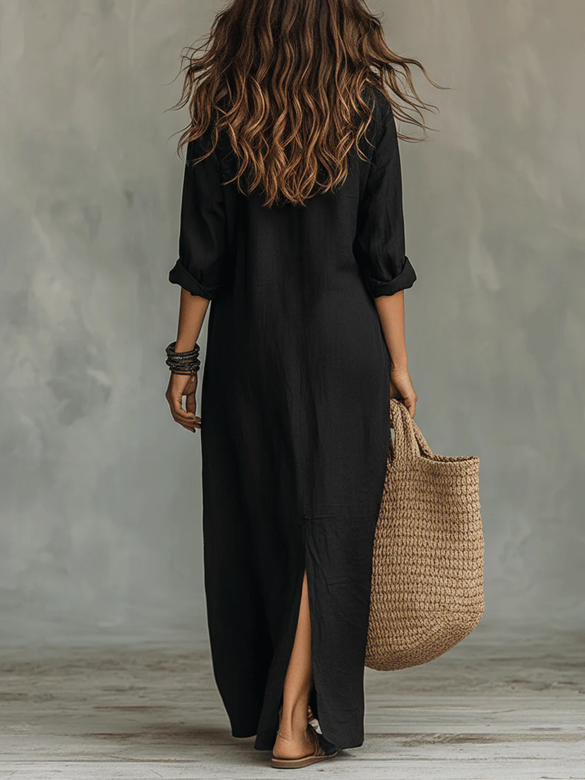 Soline | Robe Longue Noire Ample à Boutons