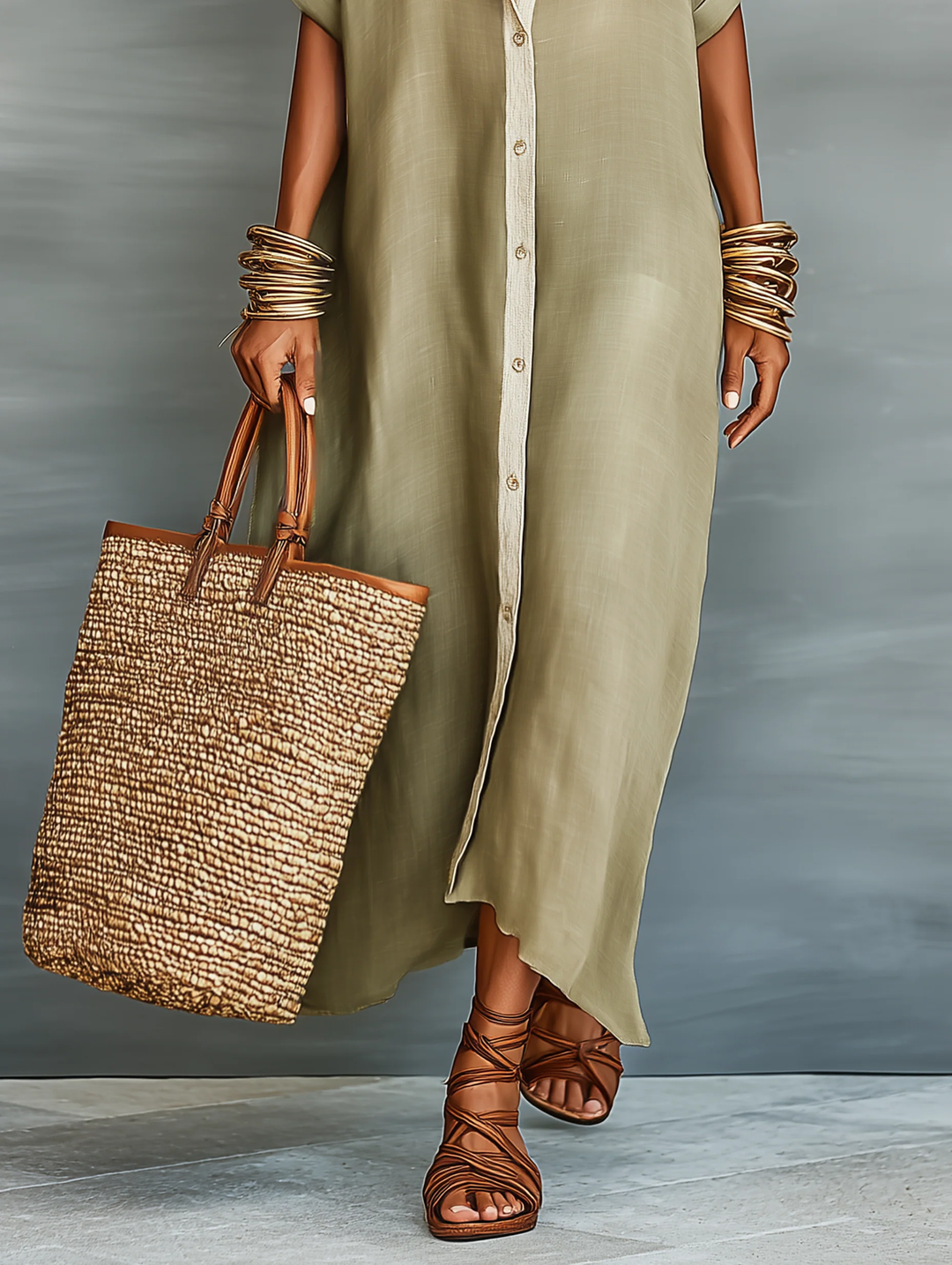 Manelle | Robe Longue Vert Olive Aux Lignes Minimalistes