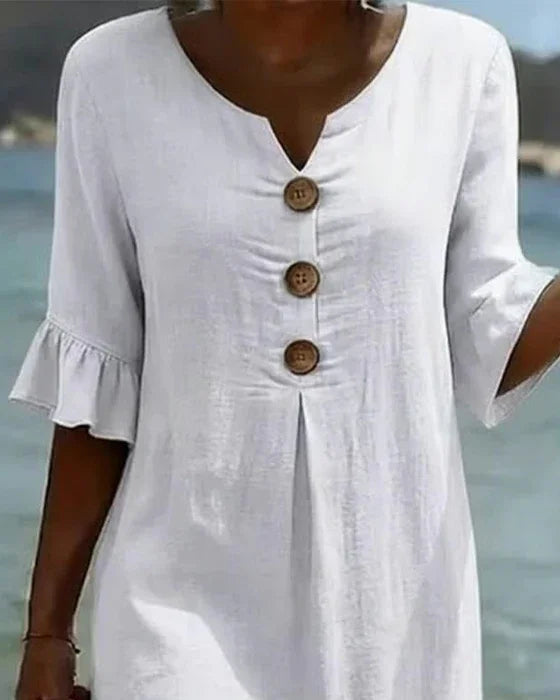 Vanesa™ | Robe en Lin Texturé Avec Manches Bouffantes et Boutons