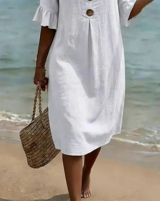 Vanesa™ | Robe en Lin Texturé Avec Manches Bouffantes et Boutons