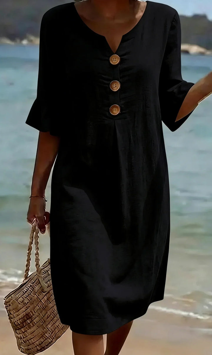 Vanesa™ | Robe en Lin Texturé Avec Manches Bouffantes et Boutons