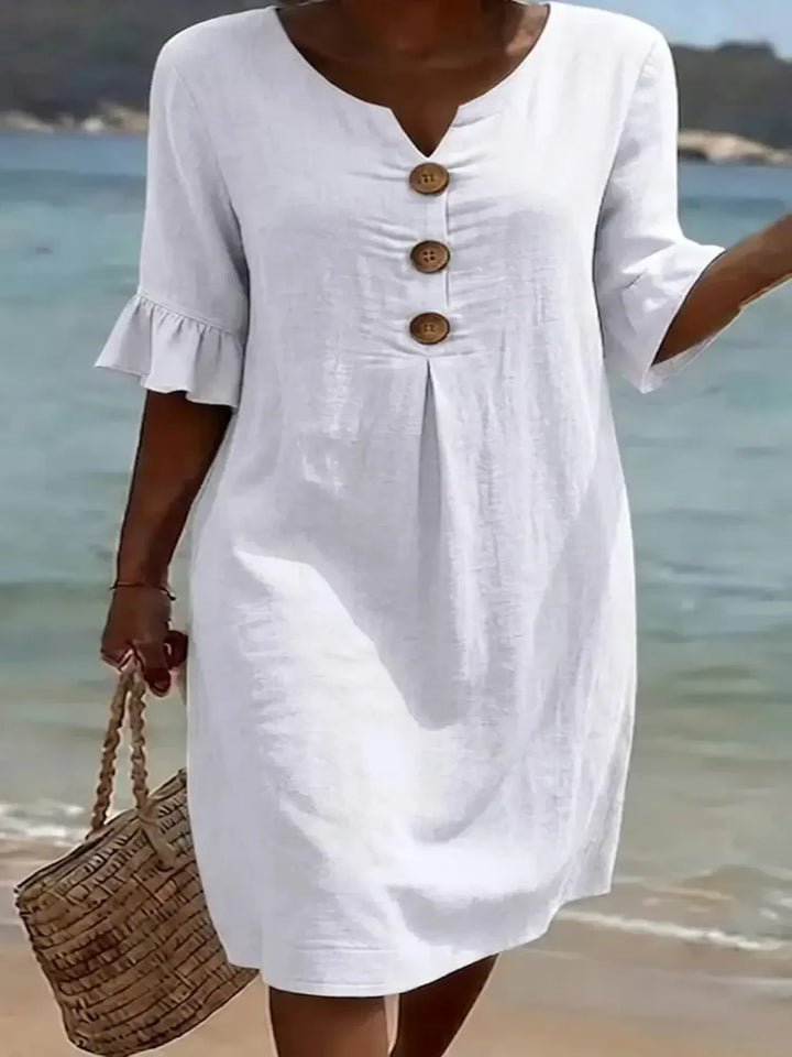 Vanesa™ | Robe en Lin Texturé Avec Manches Bouffantes et Boutons
