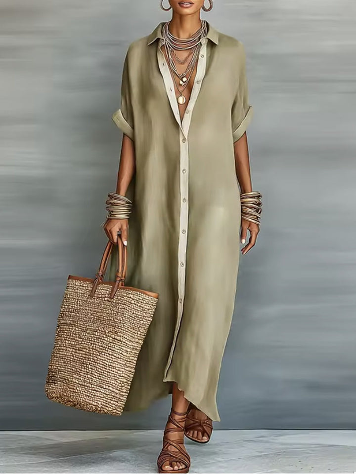 Manelle | Robe Longue Vert Olive Aux Lignes Minimalistes